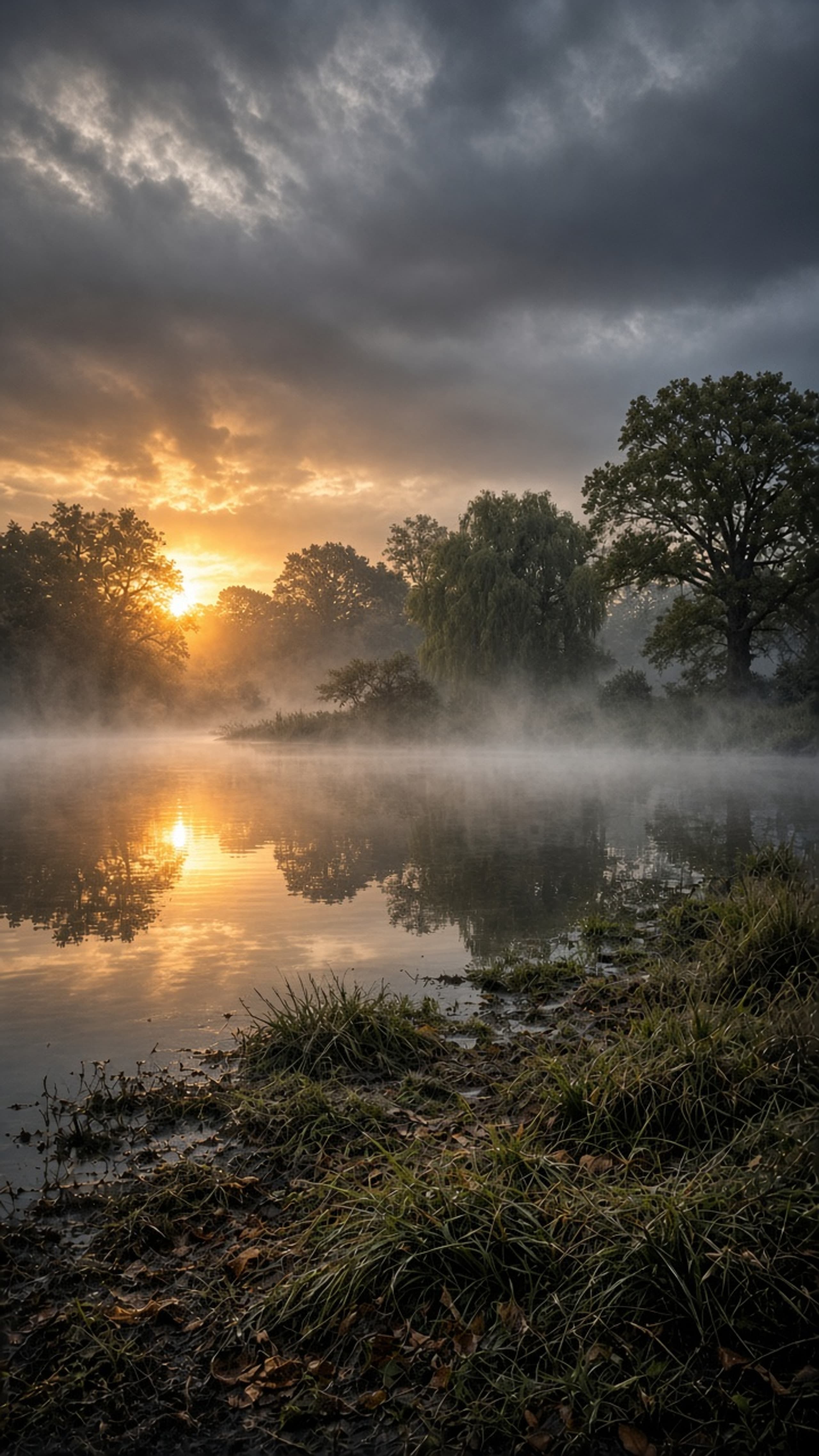 Misty English lake at sunrise